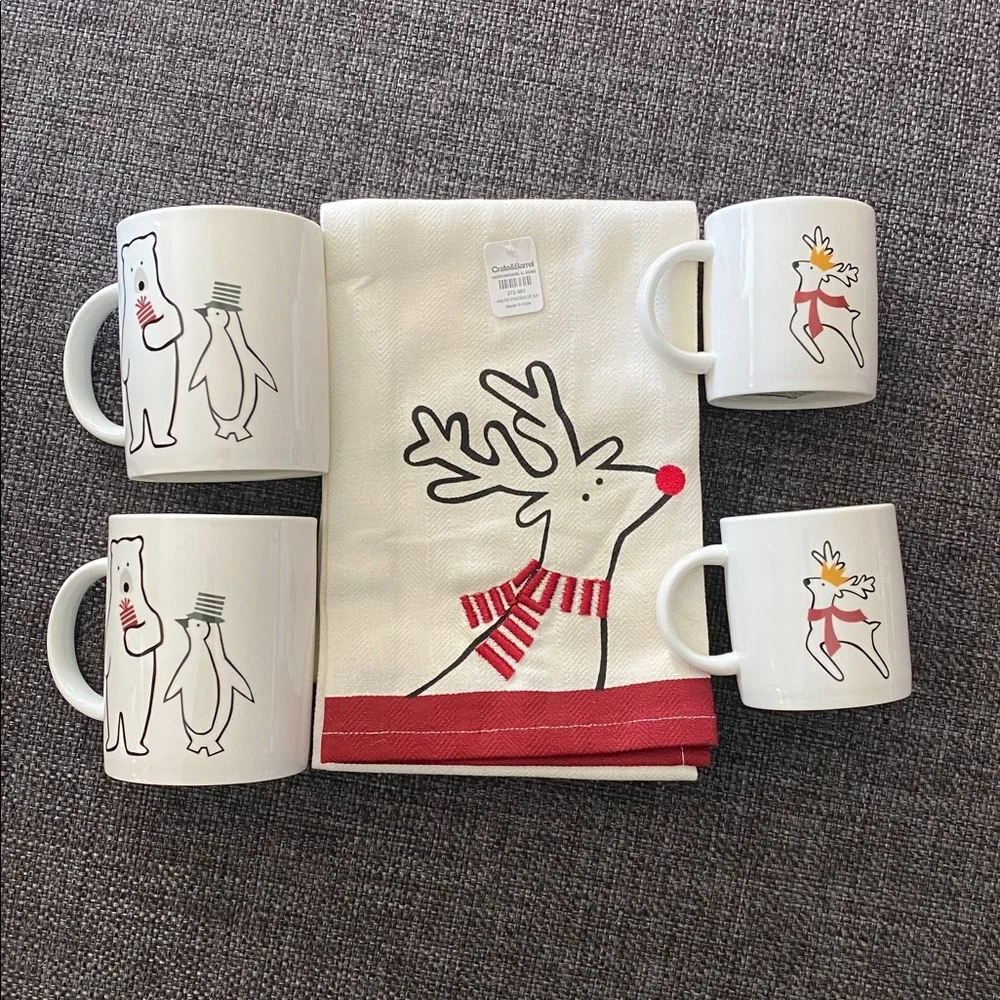 NWT Crate&Barrel Arctic Friends 4 Mugs & 3 Towels Set, Holiday Christmas Decor